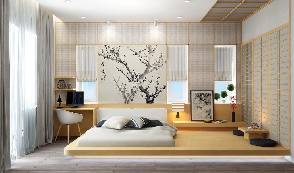 Nếu bạn yêu thích văn hóa và kiến trúc Nhật Bản thì mẫu phòng ngủ đơn giản này chính là gợi ý lý tưởng nhất dành cho bạn. Thiết kế phòng ngủ Nhật Bản có đặc trưng nổi bật là sử dụng vật liệu nội thất tối giản, màu sắc nhẹ nhàng, dấu ấn của đất nước được thể hiện qua những bức tranh treo tường hình hoa anh đào…Chính vì thế, không gian phòng ngủ kiểu Nhật rất thanh tịnh, hòa hợp với thiên nhiên, đất trời. Khi nghỉ ngơi trong căn phòng này bạn sẽ luôn cảm thấy thư thái và thoải mái.