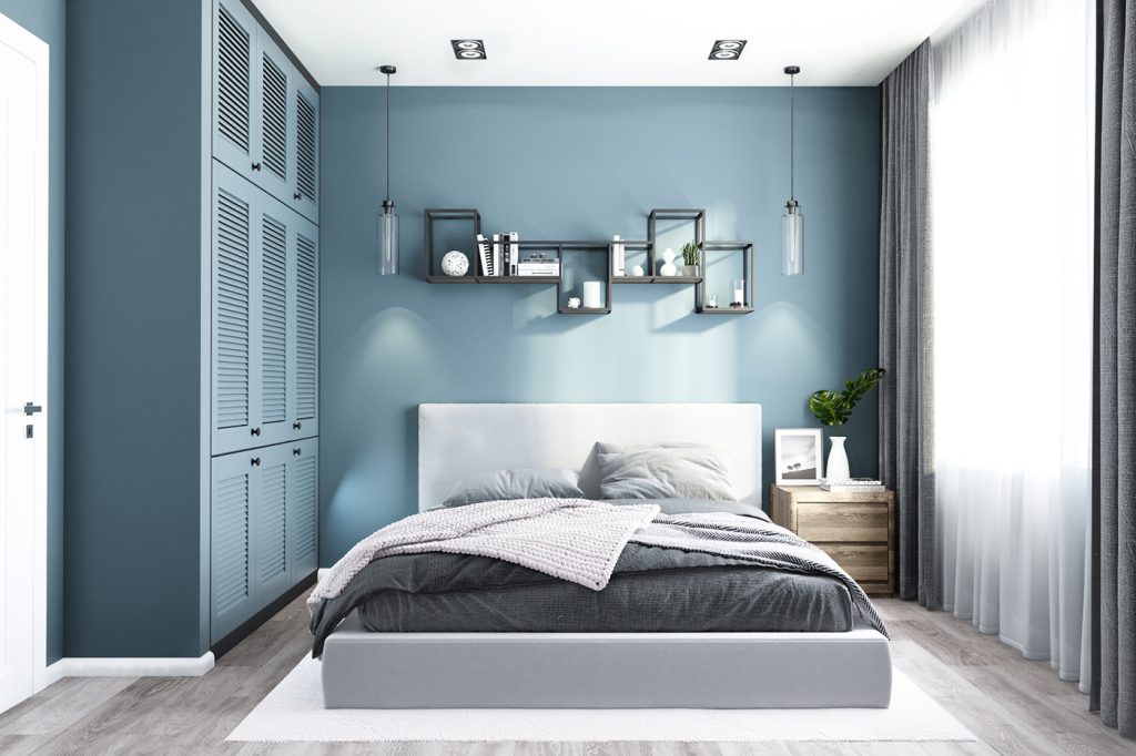 Để tạo hiệu ứng đánh lừa thị giác, mẫu phòng ngủ 10m2 này đã sử dụng màu xanh dương kết hợp với một chút trắng tinh khiết. Sự kết hợp hài hòa giữa hai gam màu trắng - xanh đã giúp cho không gian căn phòng trở nên rộng rãi hơn. 