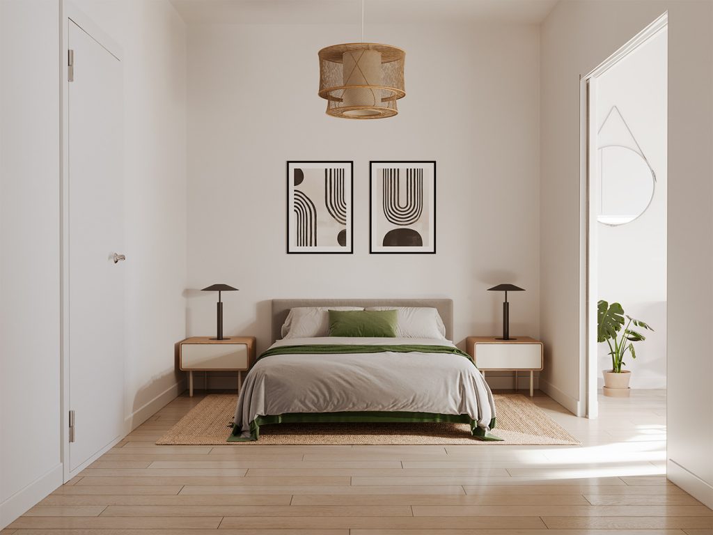 Phòng ngủ 11m2 này được thiết kế theo phong cách tối giản. Nhờ áp dụng nguyên lý “less is more” lược bỏ đi những món đồ nội thất không cần thiết mà không gian căn phòng vô cùng thoáng đãng, thoải mái và dễ chịu.