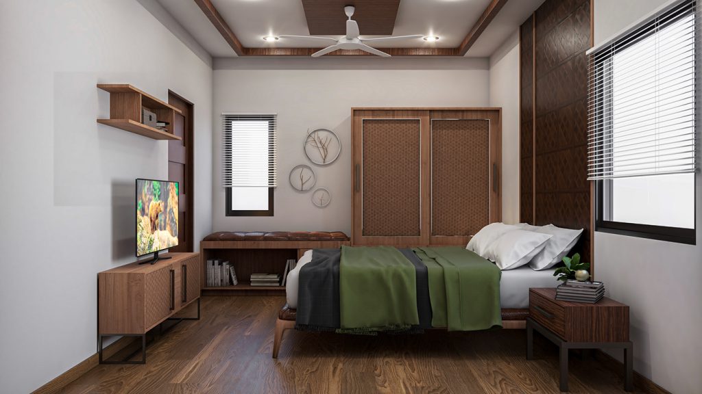 Phòng ngủ 12m2 này sử dụng đồ nội thất chủ yếu bằng gỗ tự nhiên mang đến cảm giác thân thuộc mà ấm cúng.